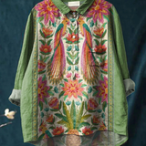 Hedwig — Floral Bird Panel Print Button-Up Blouse