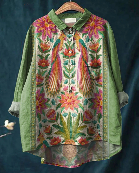 Hedwig — Floral Bird Panel Print Button-Up Blouse