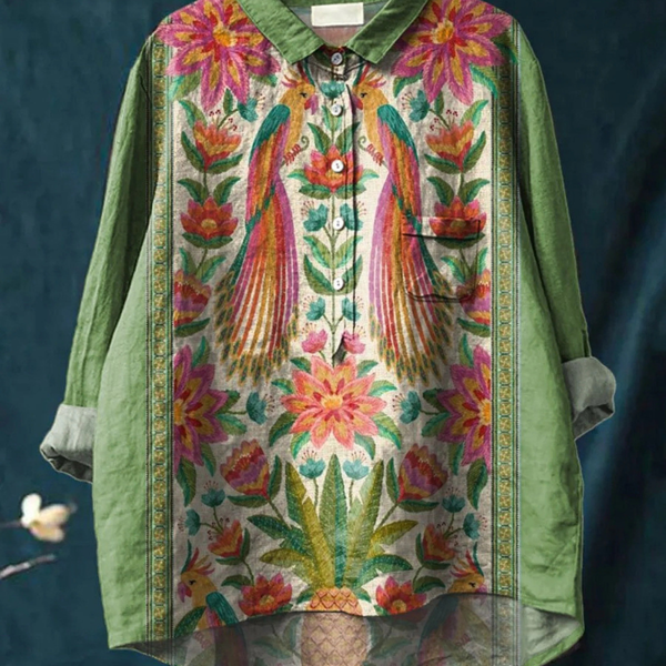Hedwig — Floral Bird Panel Print Button-Up Blouse