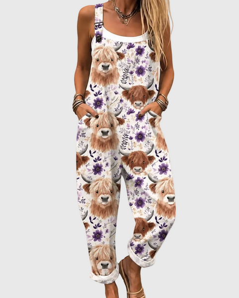 Freya — Highland Cow and Flower Overalls