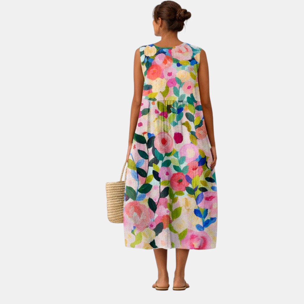 Augusta — Bright Floral Bouquet Sleeveless Midi Dress