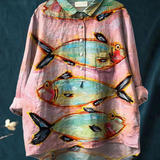 Desdemona — Pink Painted Fish Print Button-Up Blouse