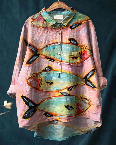 Desdemona — Pink Painted Fish Print Button-Up Blouse