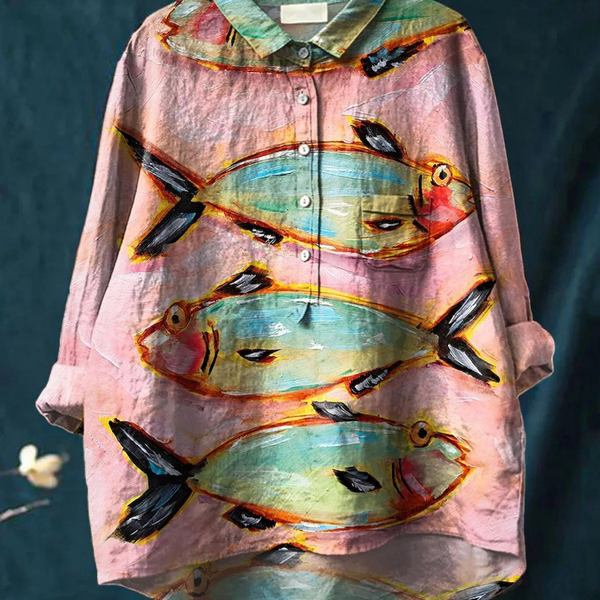 Desdemona — Pink Painted Fish Print Button-Up Blouse