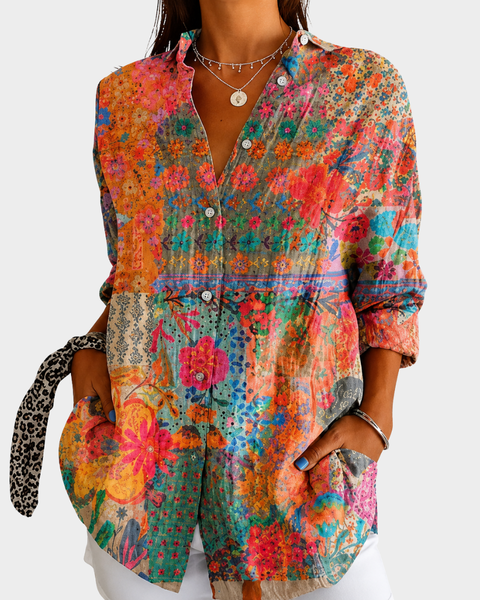 Nathalia — Blusa Patchwork Floral Laranja