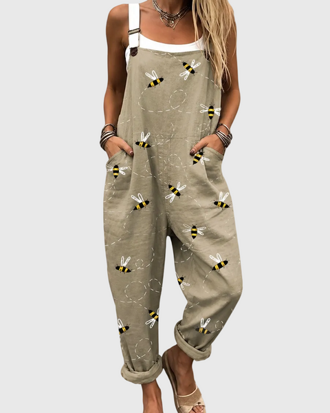 Elsie — Khaki Bee Print Overalls