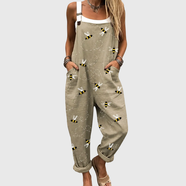 Elsie — Khaki Bee Print Overalls