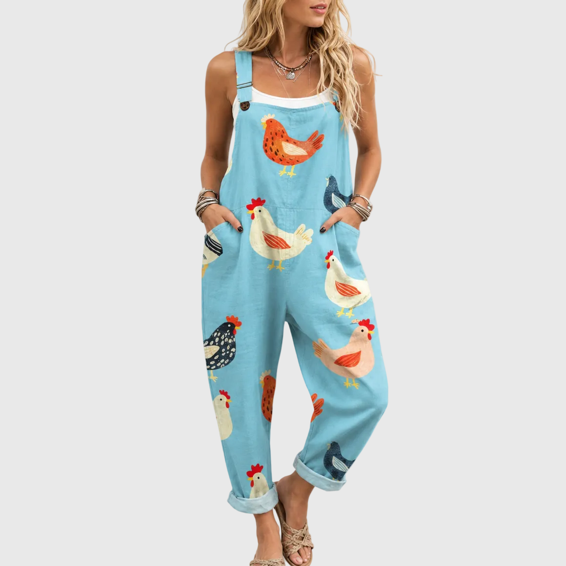 Olive — Blue Chicken Print Overalls