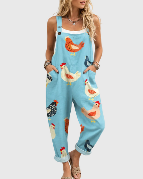 Olive — Blue Chicken Print Overalls