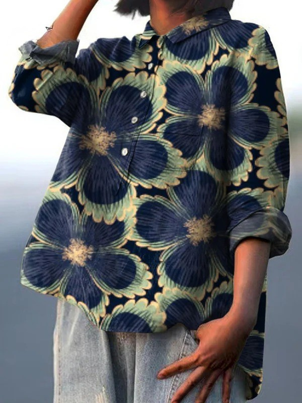 Gertrude — Navy Bloom Print Button-Up Blouse