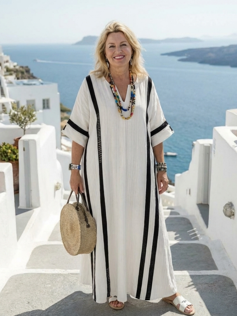 Katriel — White Maxi Dress with Black Stripe Trim and V-Neck