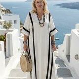 Katriel — White Maxi Dress with Black Stripe Trim and V-Neck
