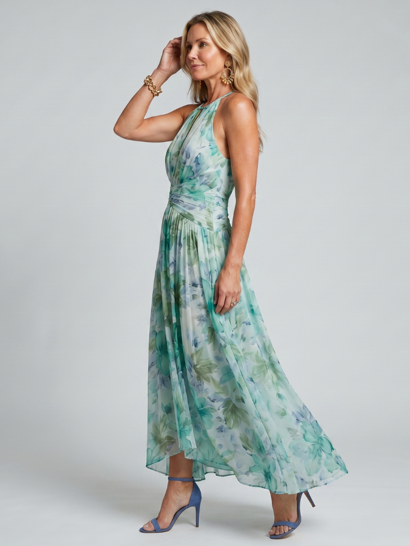 Dafne — Turquoise Floral Pleated Halter Midi Dress with Keyhole Neckline