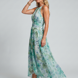 Dafne — Turquoise Floral Pleated Halter Midi Dress with Keyhole Neckline