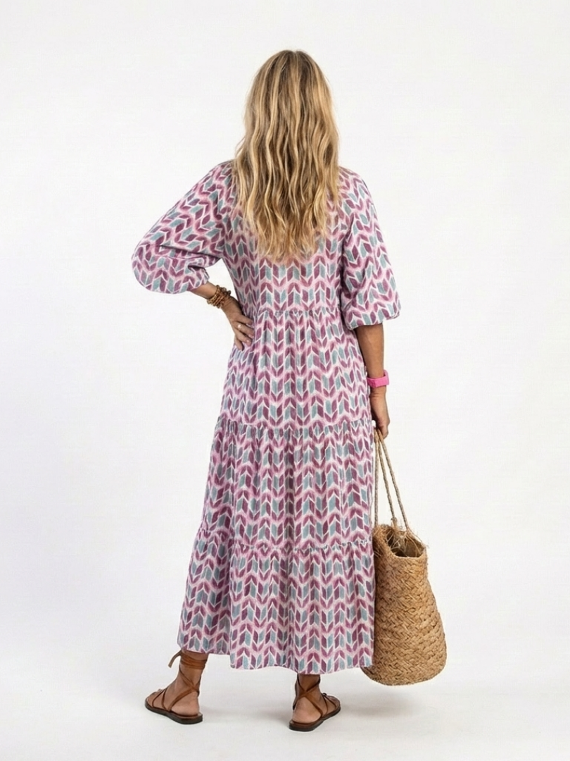 Leofrun — Lilac Chevron-Print Tiered Maxi Dress with Balloon Sleeves