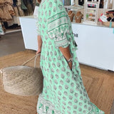 Wilmette — Printed V-Neck Maxi Dress with Tassel Tie and Fringe Hem