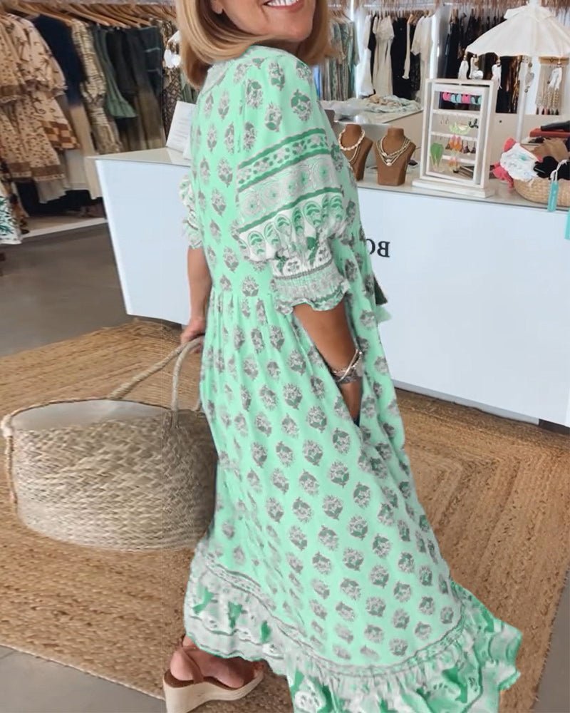 Wilmette — Printed V-Neck Maxi Dress with Tassel Tie and Fringe Hem