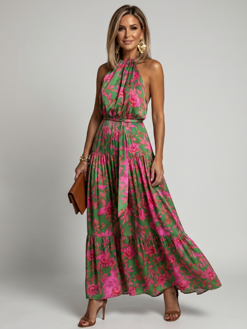 Ilenia — Green and Pink Floral Halter Midi Dress with Tiered Skirt