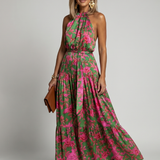 Ilenia — Green and Pink Floral Halter Midi Dress with Tiered Skirt