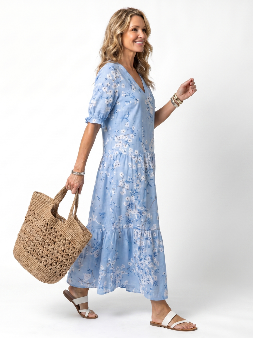 Jarmila — Blue Floral Tiered Maxi Dress with Tassel Ties and Short Sleeves