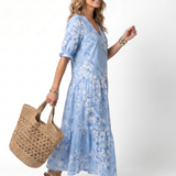 Jarmila — Blue Floral Tiered Maxi Dress with Tassel Ties and Short Sleeves