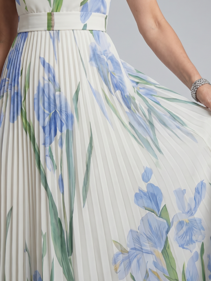 Novella — Blue Iris Print Square-Neck Midi Dress with Pleated Skirt
