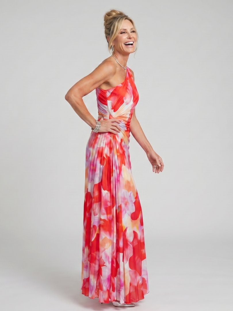 Brynja — Red Floral One-Shoulder Midi Dress with Pleated Bodice