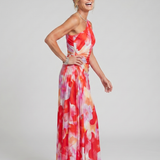 Brynja — Red Floral One-Shoulder Midi Dress with Pleated Bodice