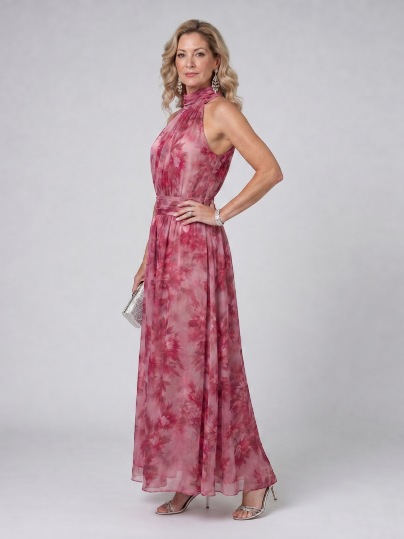 Marthe — Pink Floral Halter Midi Dress with Gathered Bodice