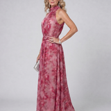 Marthe — Pink Floral Halter Midi Dress with Gathered Bodice