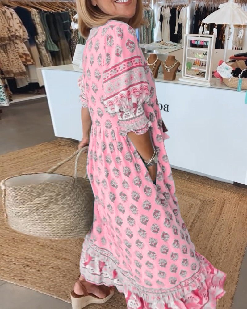 Wilmette — Printed V-Neck Maxi Dress with Tassel Tie and Fringe Hem