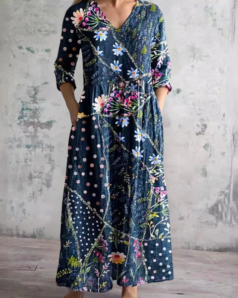 Valda — Navy Daisy Print V-Neck Maxi Dress