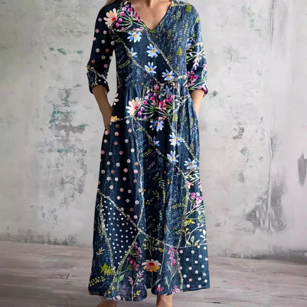 Valda — Navy Daisy Print V-Neck Maxi Dress