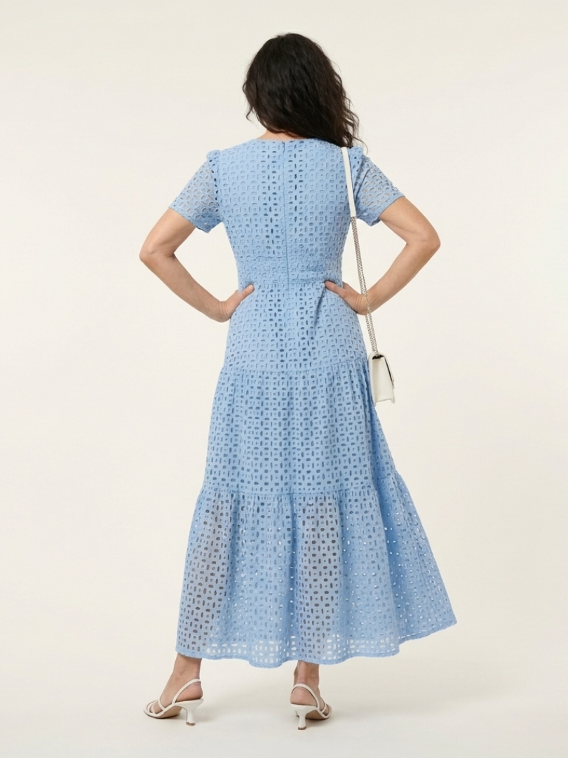 Aslaug — Sky Blue Eyelet-Look Tiered Maxi Dress with Short Sleeves