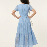 Aslaug — Sky Blue Eyelet-Look Tiered Maxi Dress with Short Sleeves
