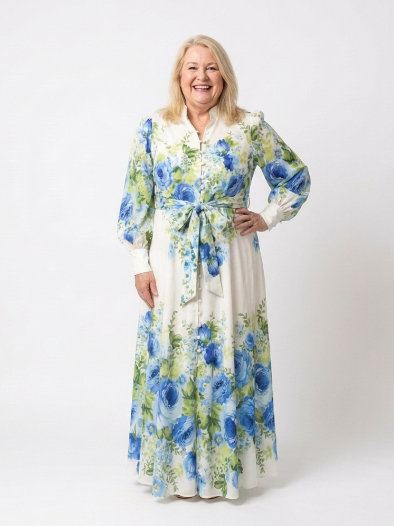 Rikke — Blue Floral Button-Front Maxi Dress with Long Sleeves and Tie Waist