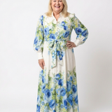 Rikke — Blue Floral Button-Front Maxi Dress with Long Sleeves and Tie Waist