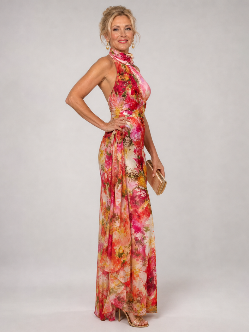 Gioconda — Red and Pink Floral Halter Maxi Dress with Gathered Bodice