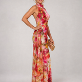 Gioconda — Red and Pink Floral Halter Maxi Dress with Gathered Bodice