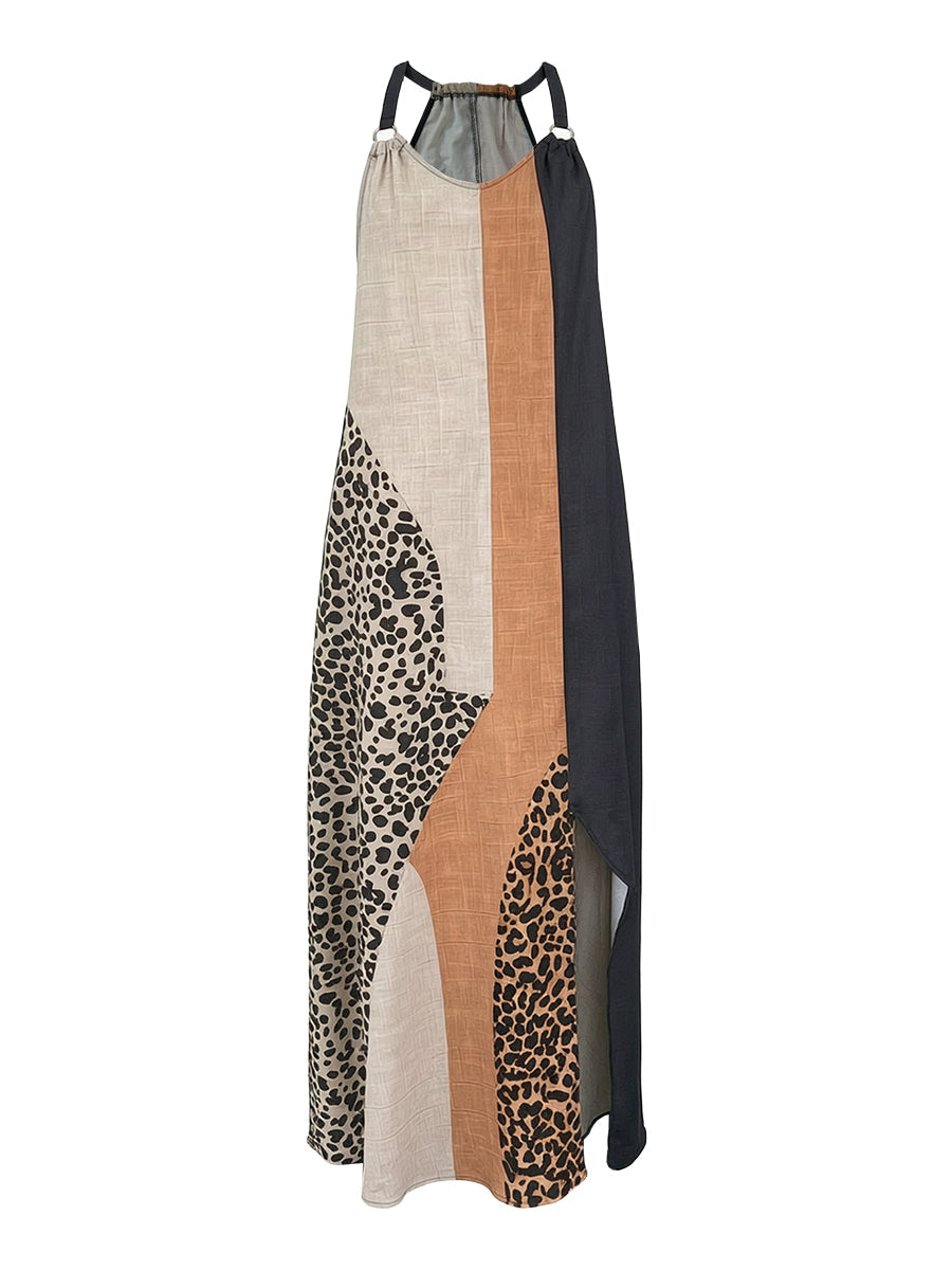 Lucia - Maxi Halter Dress with Leopard Print and Asymmetric Inserts