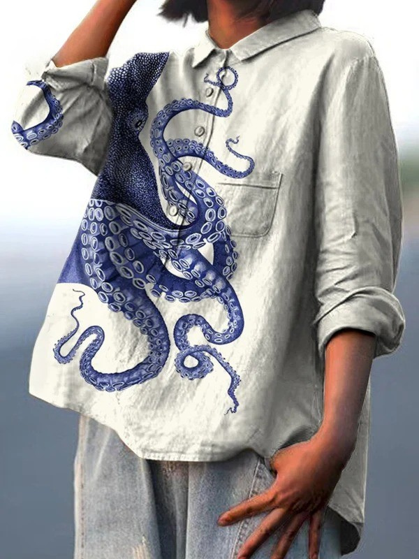 Aspasia — Navy Octopus Print Button-Up Blouse