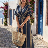 Evelien — Navy Striped Wrap Midi Dress with V-Neck and Short Sleeves