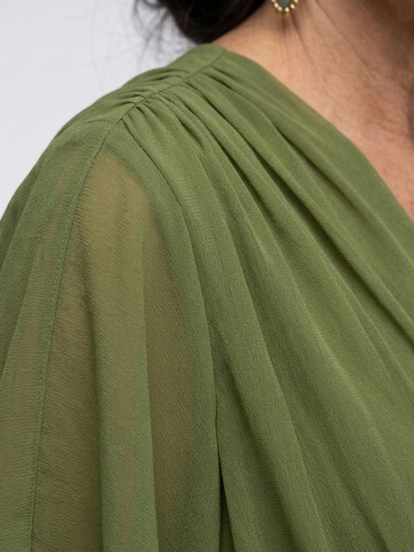 Berthilde — Draped V-Neck Midi Dress with Tie Waist and Flutter Sleeves