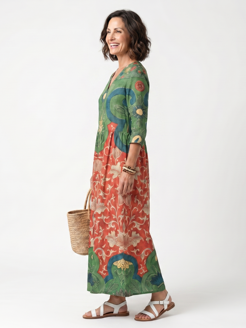 Ellisif — Green and Red Mixed-Print V-Neck Midi Dress with Pockets