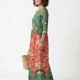 Ellisif — Green and Red Mixed-Print V-Neck Midi Dress with Pockets