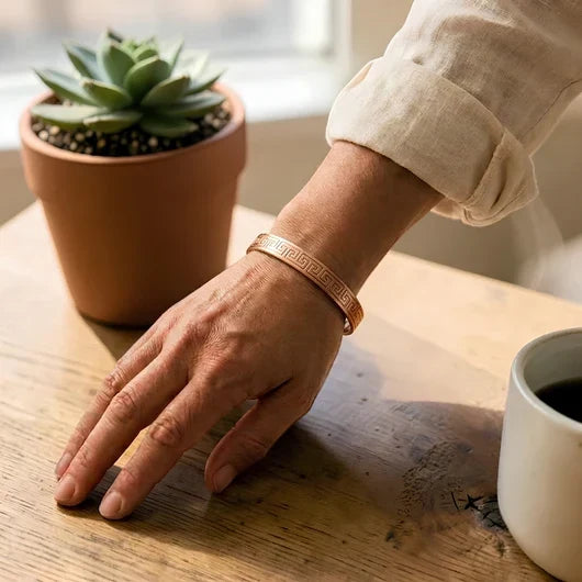 Skye — Greek Key Engraved Copper-Tone Cuff Bracelet