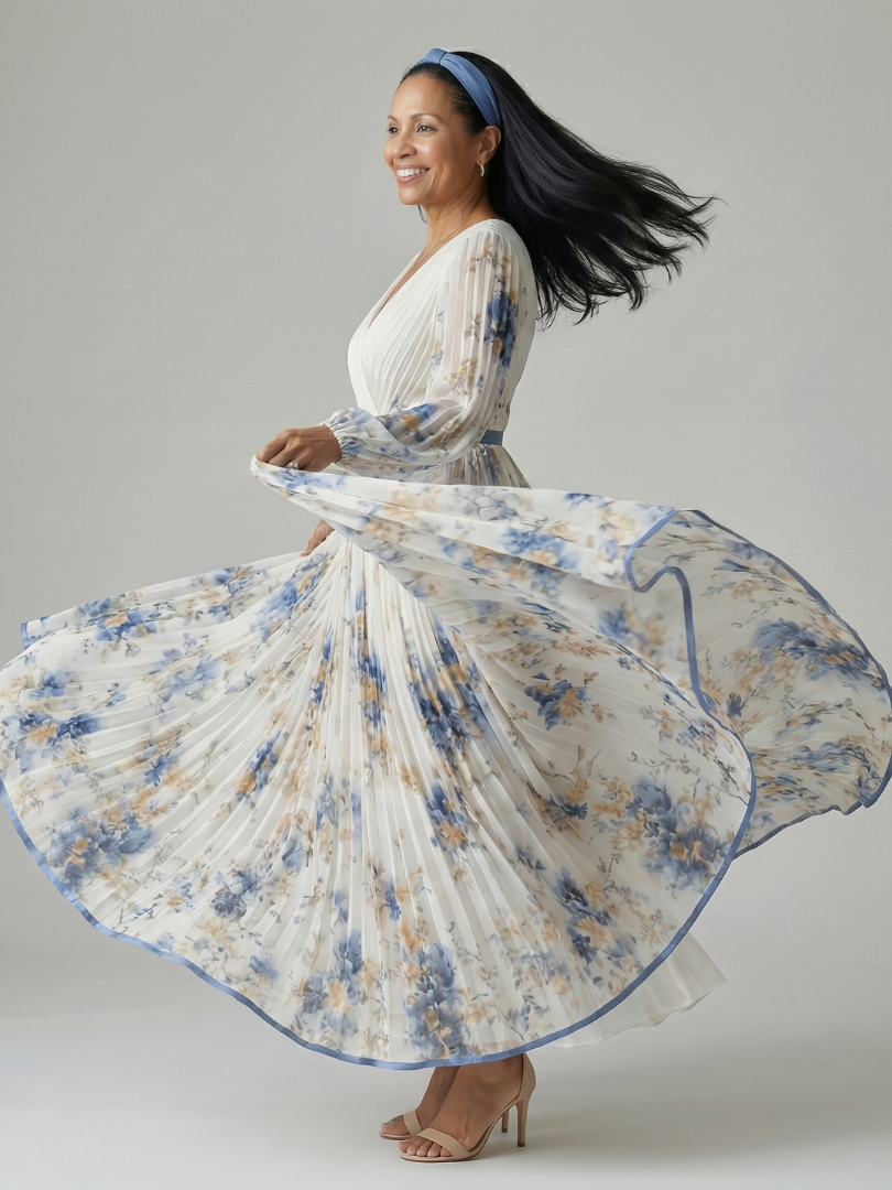 Christabel — Pleated Floral Wrap Dress with Contrast Waist