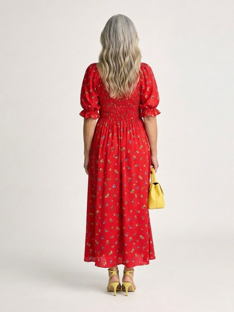 Jorid — Red Square-Neck Maxi Dress with Puff Sleeves and Front Slit