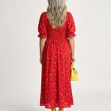Jorid — Red Square-Neck Maxi Dress with Puff Sleeves and Front Slit