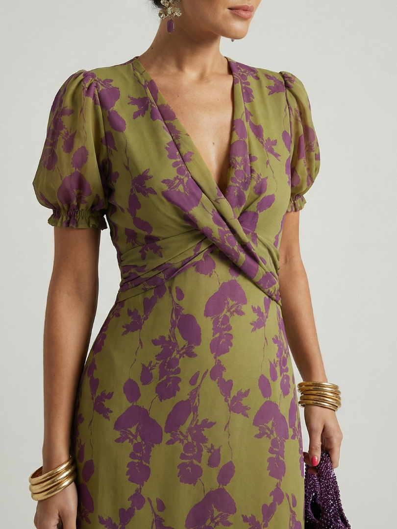 Cynara — Floral Wrap-Front Midi Dress with Puff Sleeves